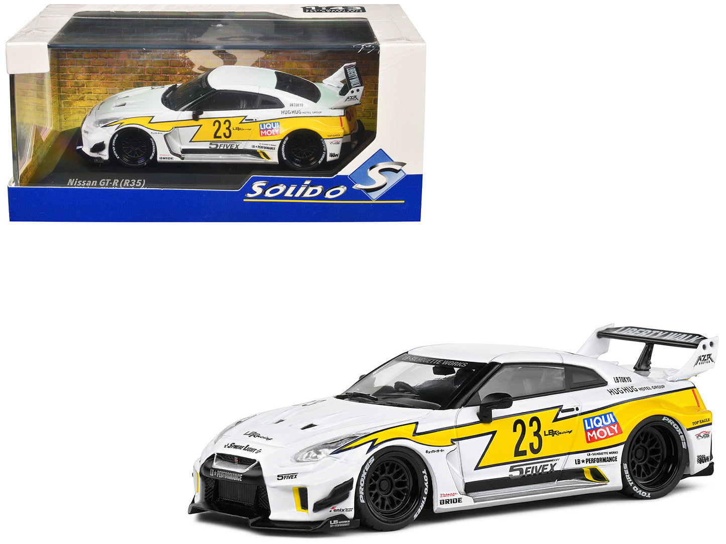 2019 Nissan GTR35 "LBWK Silhouette" RHD (Right Hand Drive) #23 White with Yellow Graphics 1/43 Diecast Model Car by Solido  free shipping USA