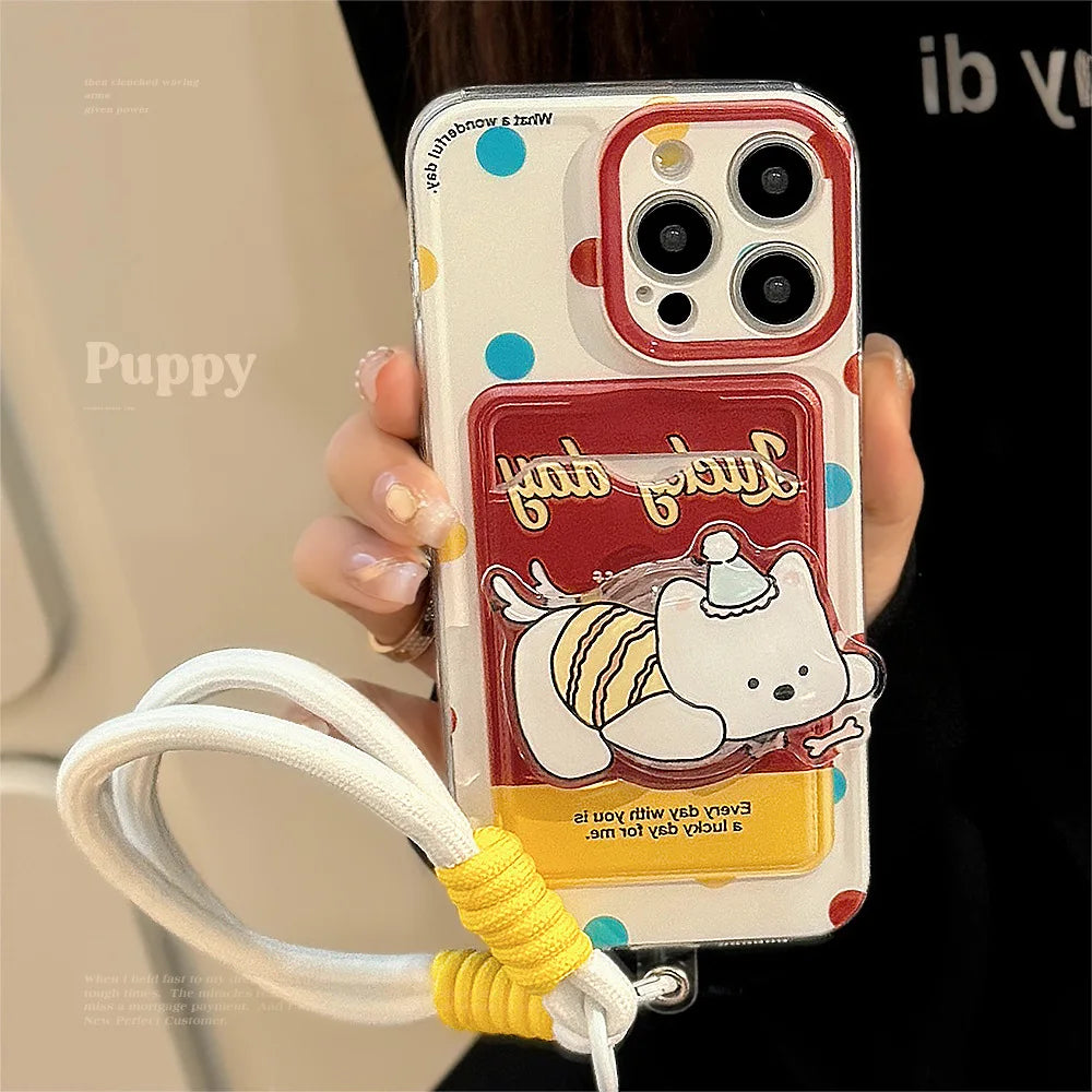 Cute Cartoon Puppy Bracket Card Holder Phone Case With Lanyard For iPhone