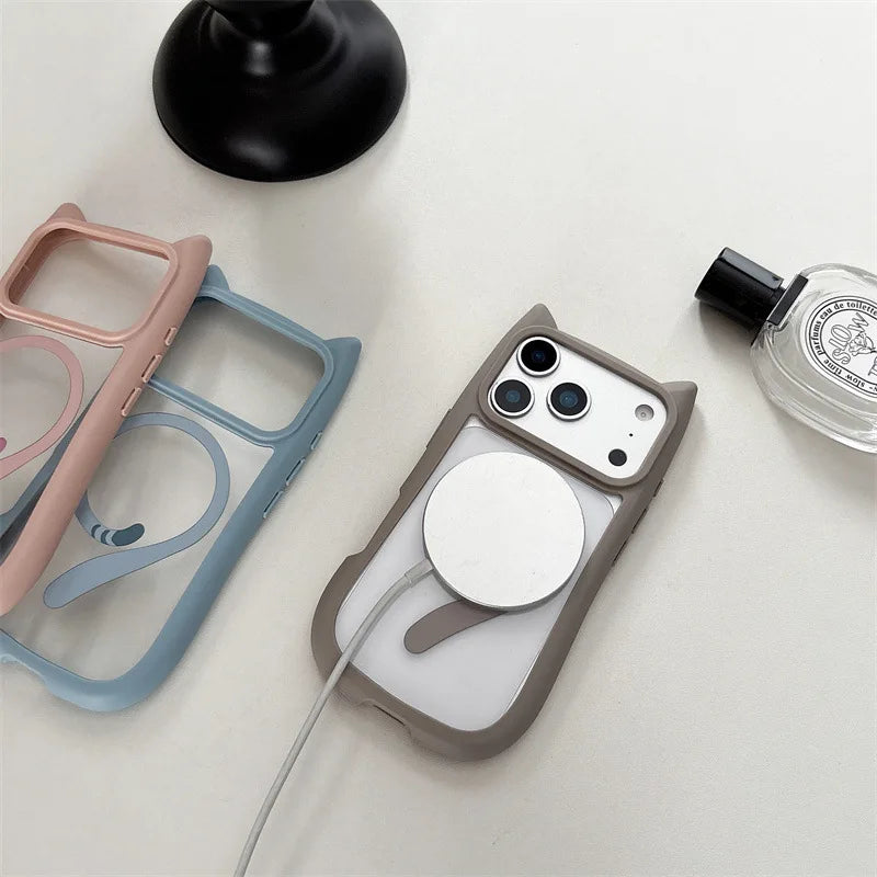 Cute Cartoon Solid Color Cat Tail Clear Magnetic Phone Case For iPhone
