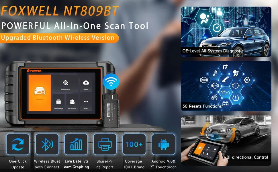 FOXWELL NT809BT OBD2 Bluetooth Car Diagnostic Tool All System Bi-Directional Test 30+ Reset Code Reader OBD2 Scanner Tool