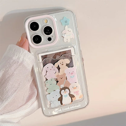 Cute Cartoon Animals Transparent Card Slot Pocket Case For iPhone