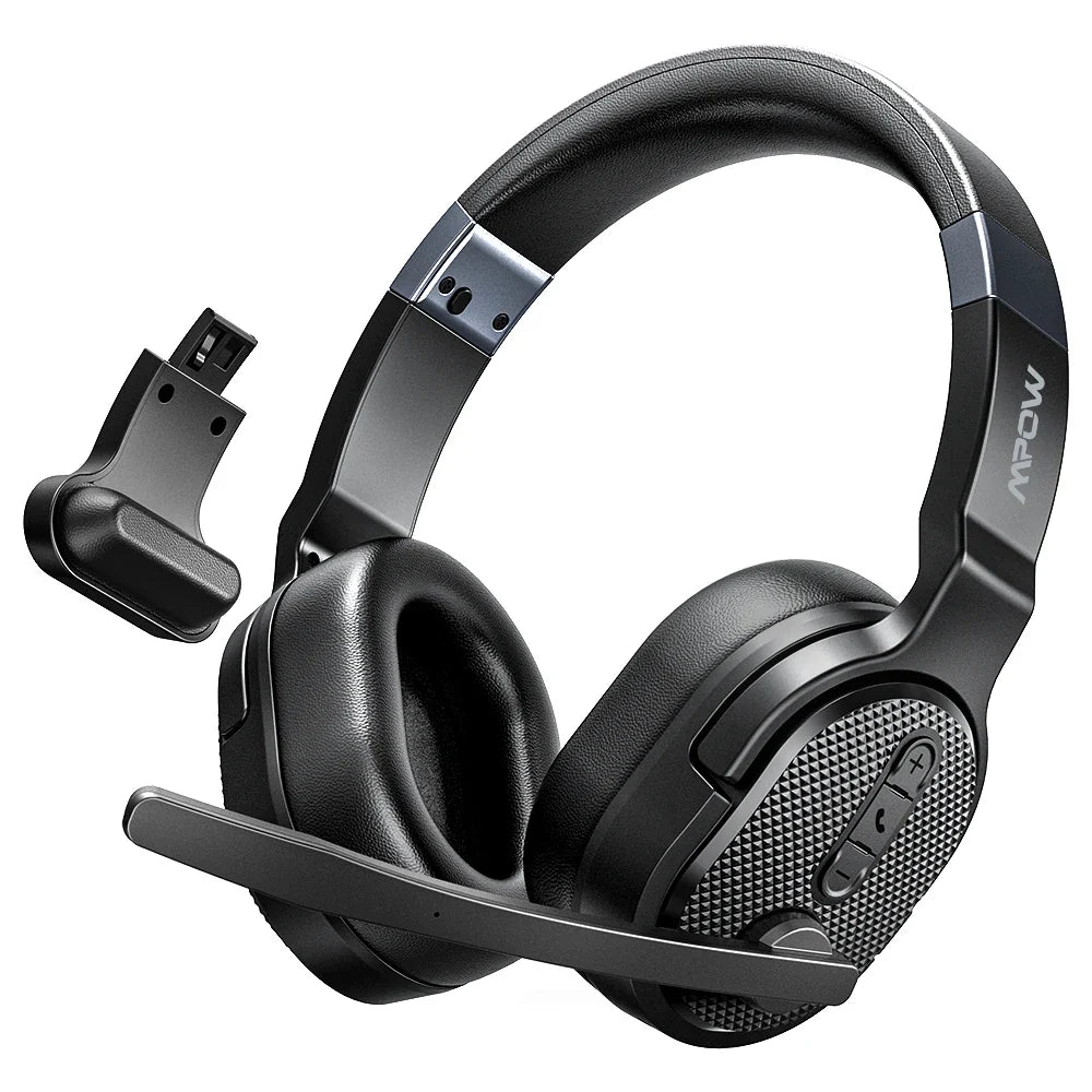 Mpow E65 2 in 1 Wireless Headphones Bluetooth 5.3 Dual/Single Office Headset with Microphone&Mute Switch 35H for Trucker Driver