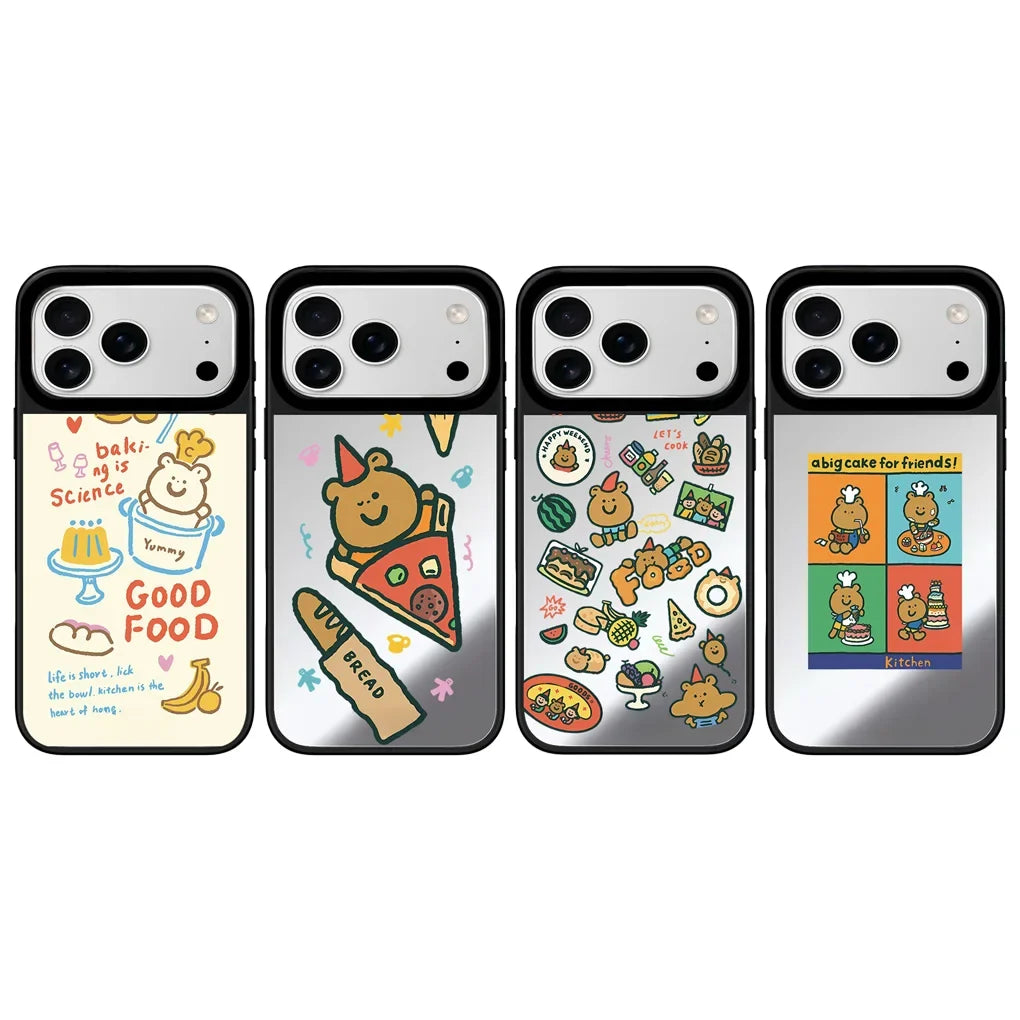Cartoon Chef Bear Mirror Surface Black Border Magnetic Phone Case For iPhone