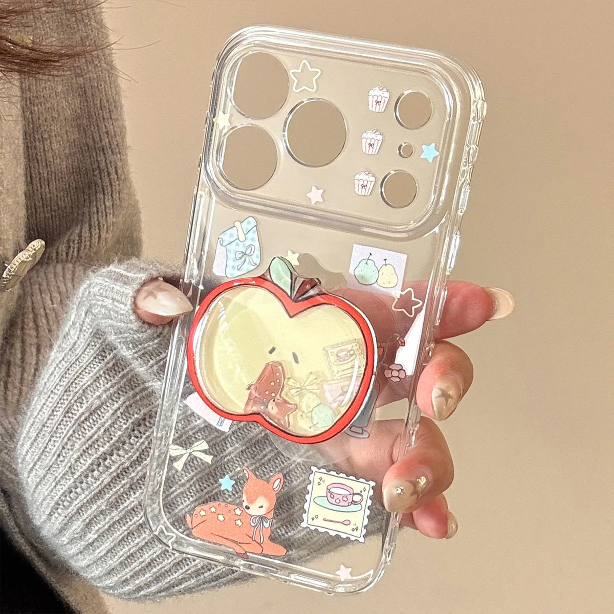 Cartoon Deer Graffiti Apple Quicksand Shake Bracket Phone Case For iPhone