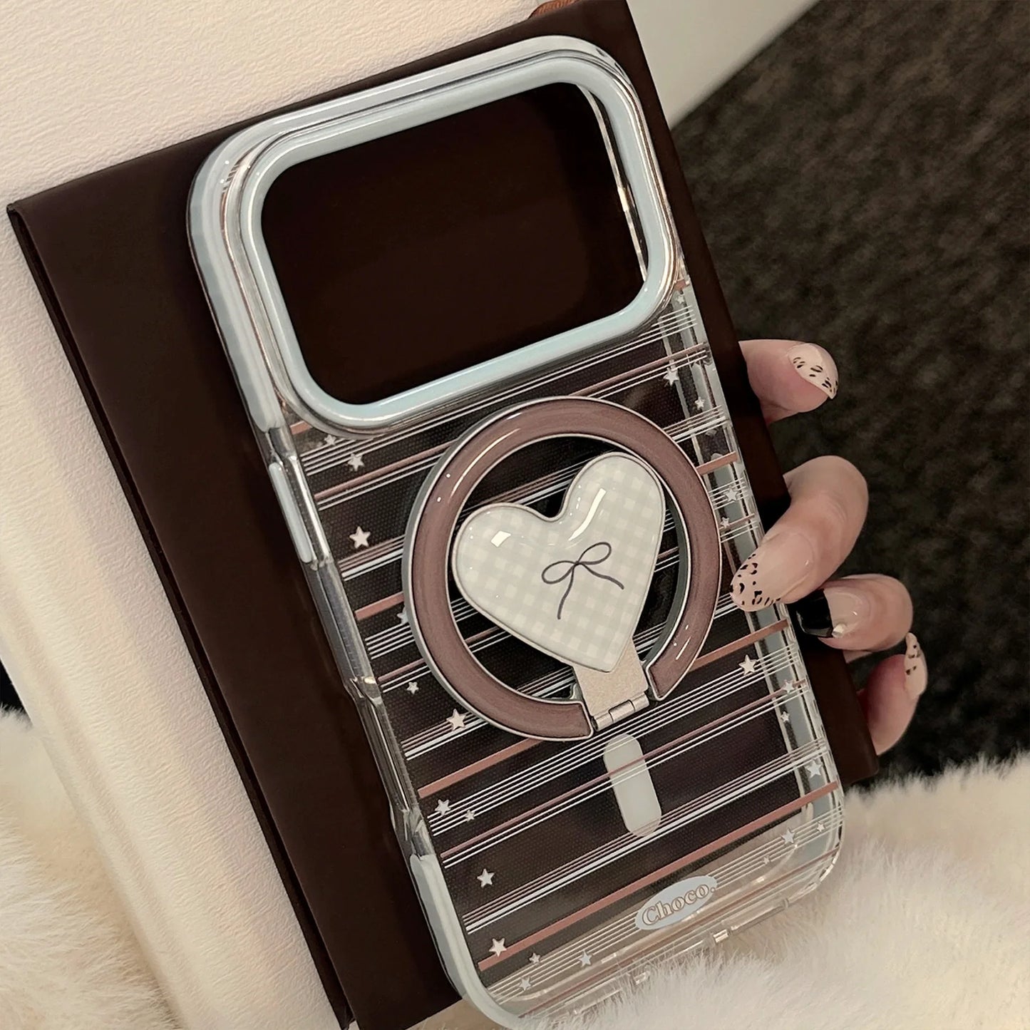 Korean Striped Stars Fold Love Heart Bow Bracket Magnetic Phone Case For iPhone