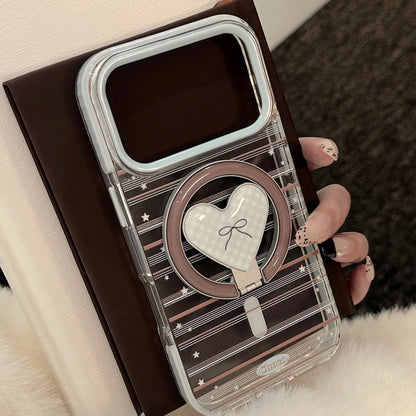 Korean Striped Stars Fold Love Heart Bow Bracket Magnetic Phone Case For iPhone