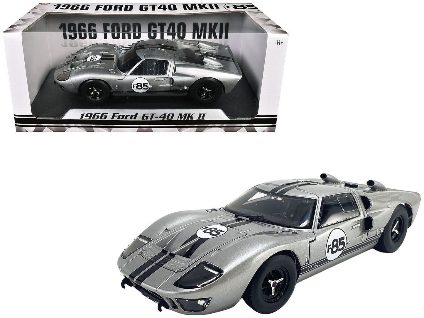 1966 Ford GT-40 MKII #F85 Silver Metallic with Black Stripes 1/18 Diecast Model Car by ACME  free shipping USA