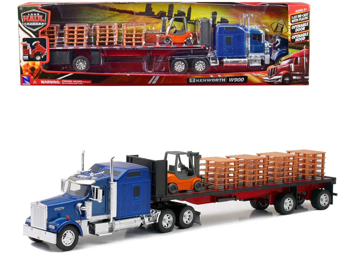 Kenworth W900 Truck with Flatbed Trailer Blue with Forklift and Pallets "Long Haul Truckers" Series 1/32 Diecast Model by New Ray  free shipping USA