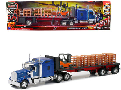 Kenworth W900 Truck with Flatbed Trailer Blue with Forklift and Pallets "Long Haul Truckers" Series 1/32 Diecast Model by New Ray  free shipping USA