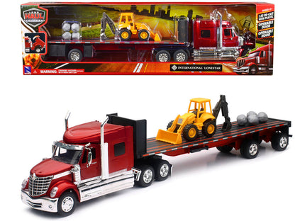 International Lonestar Truck with Flatbed Trailer Red Metallic with Front Loader and Rocks "Long Haul Truckers" Series 1/32 Diecast Model by New Ray  free shipping USA