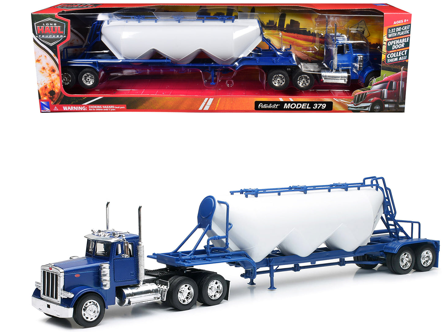 Peterbilt 379 Truck Blue with Pneumatic Tanker Trailer White "Long Haul Truckers" Series 1/32 Diecast Model by New Ray  free shipping USA