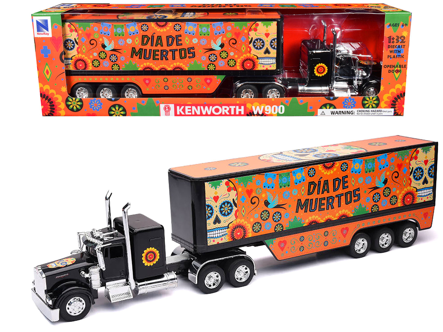 Kenworth W900 Truck Black with Graphics and Dry Van Trailer "Dia De Muertos" 1/32 Diecast Model by New Ray  free shipping USA