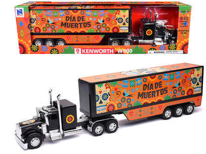 Kenworth W900 Truck Black with Graphics and Dry Van Trailer "Dia De Muertos" 1/32 Diecast Model by New Ray  free shipping USA