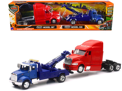 Peterbilt Model 335 Tow Truck Blue and Peterbilt Model 387 Cab Red Set of 2 Pieces 1/43 by New Ray  free shipping USA