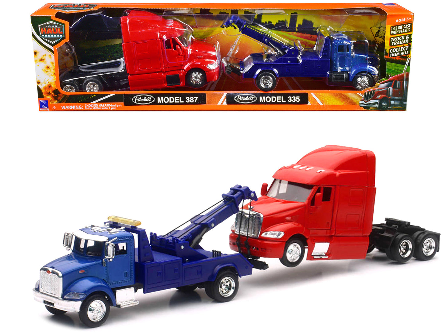 Peterbilt Model 335 Tow Truck Blue and Peterbilt Model 387 Cab Red Set of 2 Pieces 1/43 by New Ray  free shipping USA