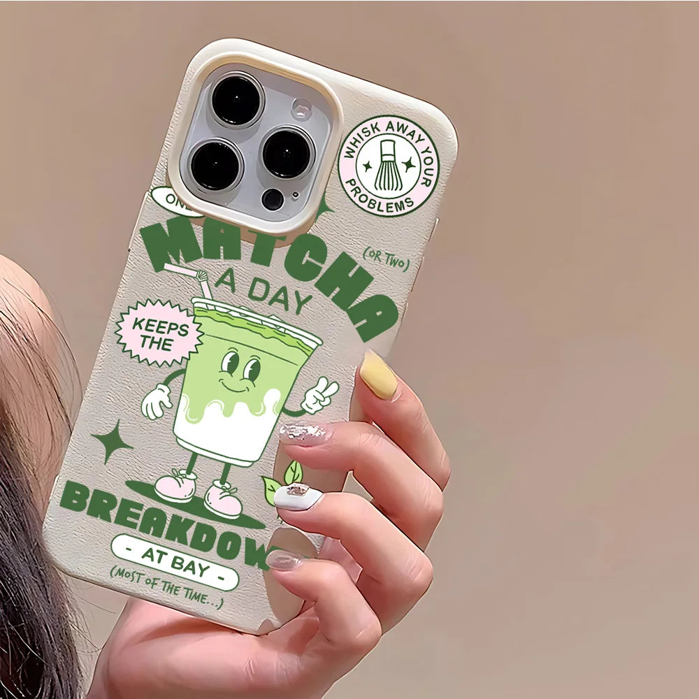 Matcha Milk Tea Lichee Leather Pattern Phone Case For iPhone