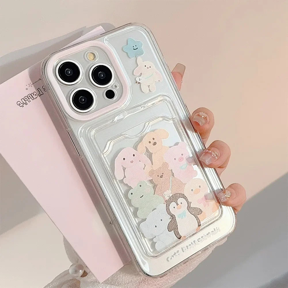 Cute Cartoon Animals Transparent Card Slot Pocket Case For iPhone