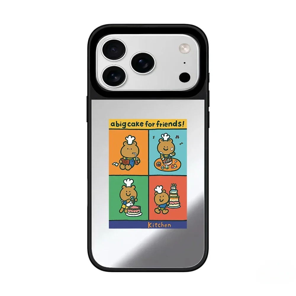 Cartoon Chef Bear Mirror Surface Black Border Magnetic Phone Case For iPhone
