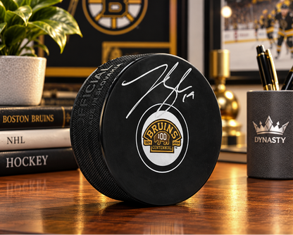Johnny Beecher Autographed Boston Bruins 100th Anniversary Hockey Logo Puck