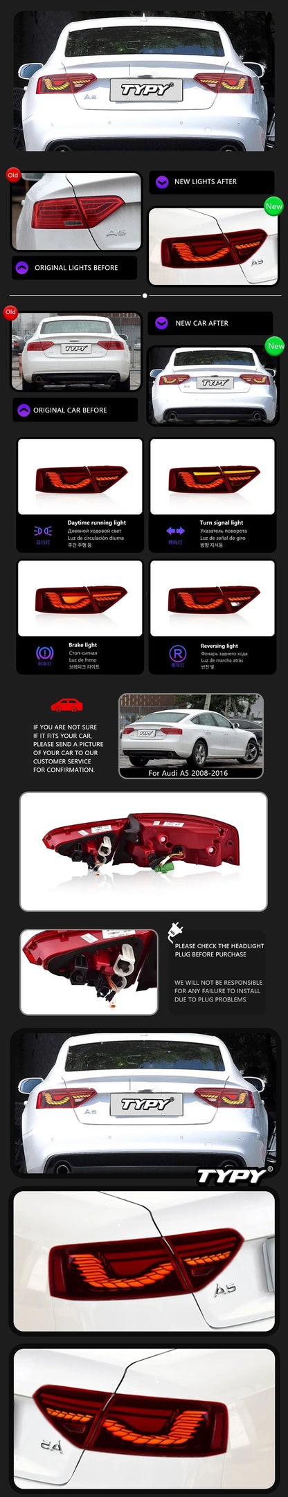 TYPY New LED Taillight Upgrade Modified Full Tail Lamp Car Accessories For Audi A5 2008-2016 Dynamic Turn Signals