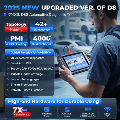XTOOL D8S Car Diagnostic Tools Bidirectional Scan Tool Automotive Scanner ECU Coding Key Programming 42+ Services Topology Map