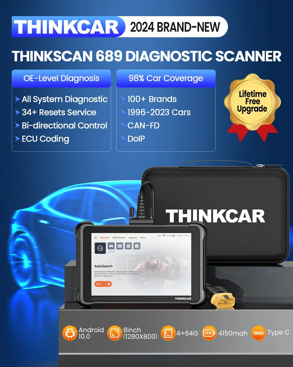 THINKCAR THINKSCAN 689 Bidirectional Scan Tool With CANFD&DoIP OBD2 Scanner ECU Coding Bi-Directional Control 34 Reset Free