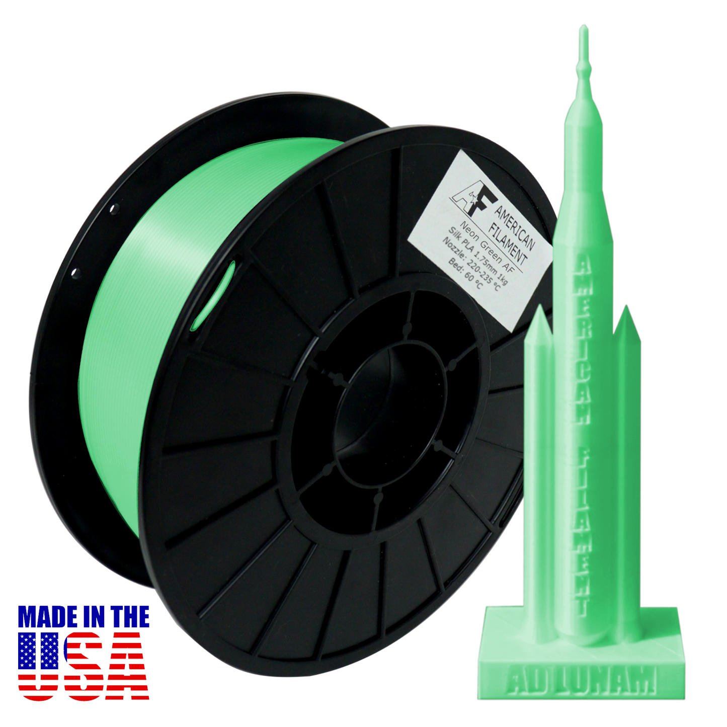 Neon Green AF Silk PLA 3D Printer Filament, 1.75 mm Diameter, 1 kg Spool