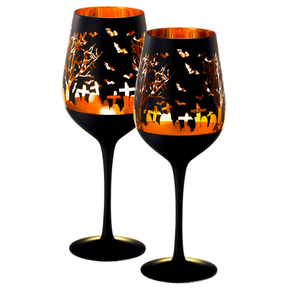 Crystal Halloween Stemmed Wine Glasses - Set of 2 - Themed Vibrant Black & Gold Etched Spooky Graveyard Pattern Frosted Glass, Perfect for Themed Gothic Parties Trick Or Treat Gift For Him Her (14 OZ) by The Wine Savant