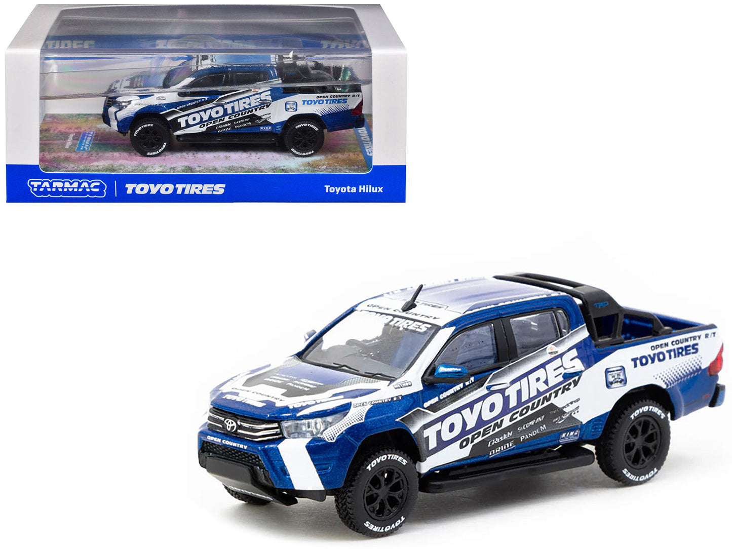 Toyota Hilux Pickup Truck RHD (Right Hand Drive) "Toyo Tires" White and Blue with Graphics "Hobby64" Series 1/64 Diecast Model Car by Tarmac Works  free shipping USA