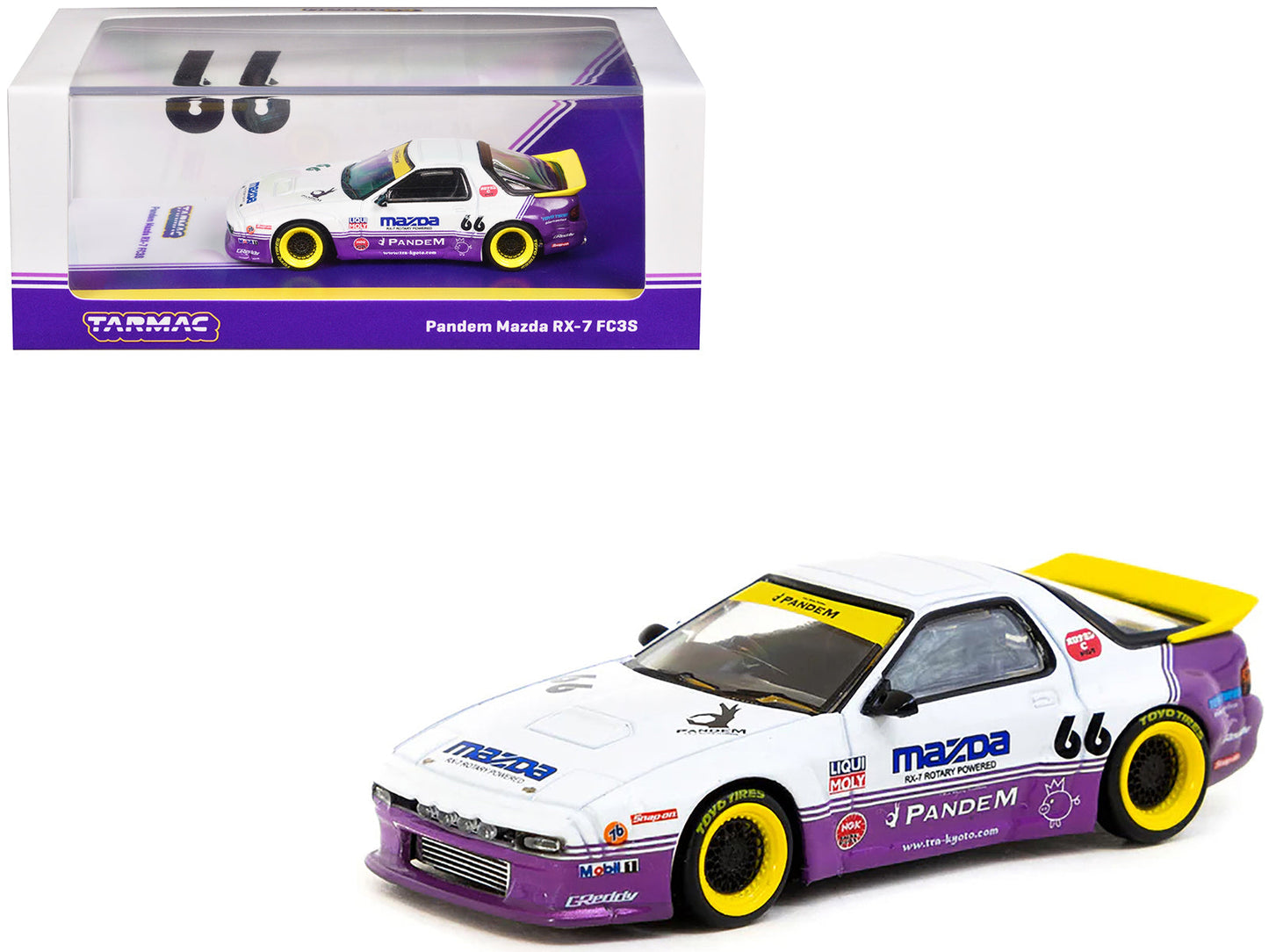 Mazda RX-7 FC3S Pandem RHD (Right Hand Drive) #66 White and Purple with Graphics "Hobby64" Series 1/64 Diecast Model Car by Tarmac Works  free shipping USA