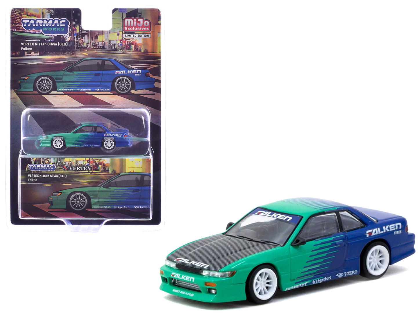 Nissan Silvia (S13) Vertex RHD (Right Hand Drive) "Falken Tires" Green and Blue wuth Carbon Hood "Global64" Series 1/64 Diecast Model by Tarmac Works  free shipping USA