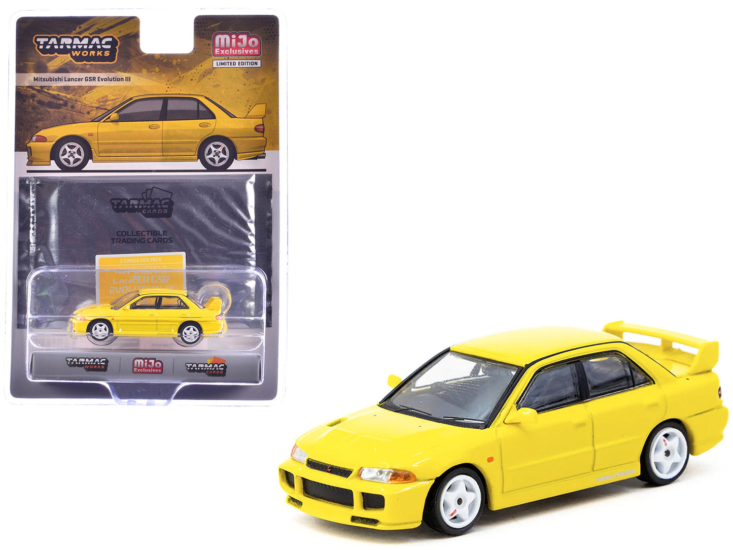 Mitsubishi Lancer GSR Evolution III RHD (Right Hand Drive) Yellow with Tarmac Cards "Global64" Series 1/64 Diecast Model by Tarmac Works  free shipping USA