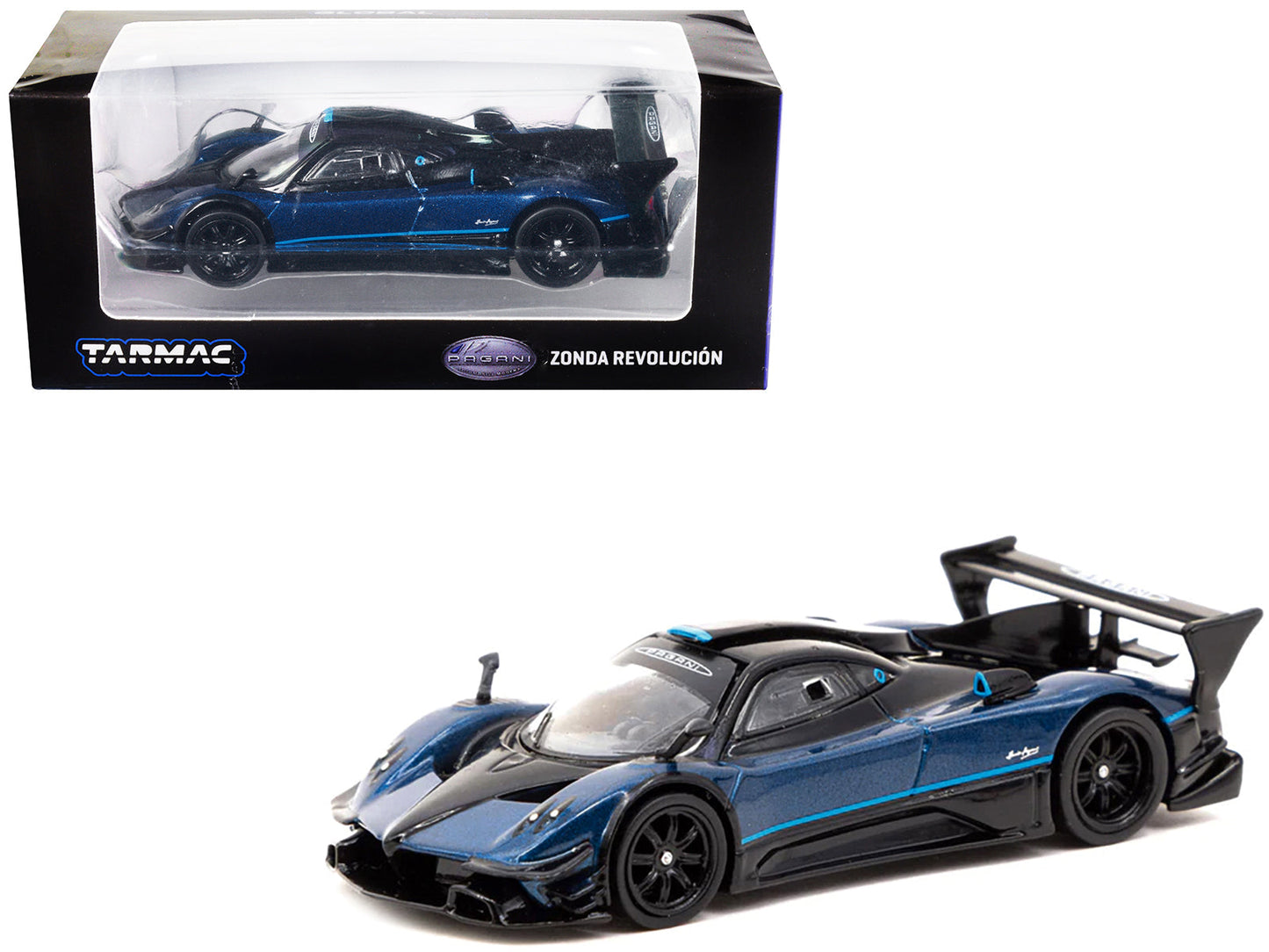 Pagani Zonda Revolucion Blue Metallic and Black with Light Blue Stripes "Global64" Series 1/64 Diecast Model Car by Tarmac Works  free shipping USA