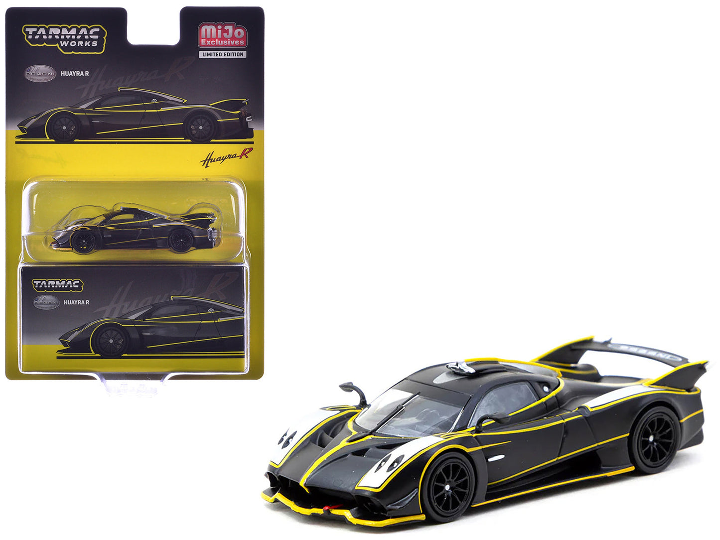 Pagani Huayra R Matt Black with Silver Accents and Yellow Stripes "Global64" Series 1/64 Diecast Model by Tarmac Works  free shipping USA