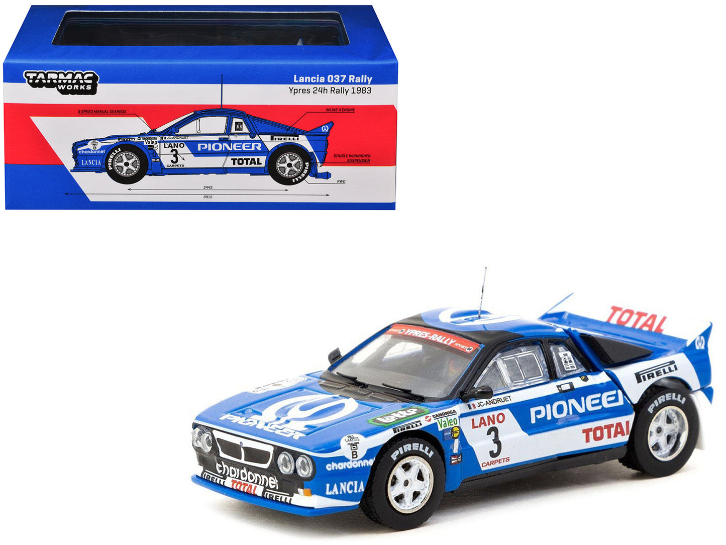 Lancia 037 Rally #3 Jean-Claude Andruet - Francoise Sappey 2nd Place "Ypres 24 Hours Rally" (1983) "Hobby64+" Series 1/64 Diecast Model Car by Tarmac Works  free shipping USA