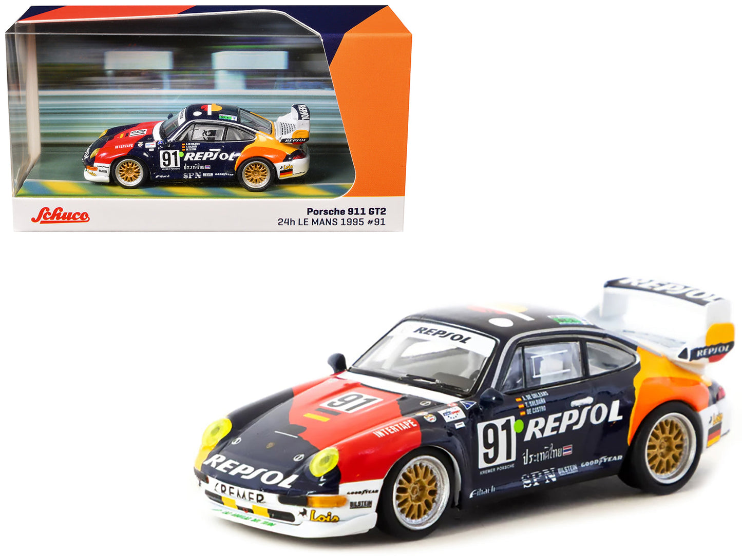 Porsche 911 GT2 #91 Tomas Saldana - Miguel Angel de Castro - Prince Alfonso de Orleans-Borbon "Kremer Racing - Repsol" "24 Hours of Le Mans" (1995) "Collab64" Series 1/64 Diecast Model Car by Schuco & Tarmac Works  free shipping USA