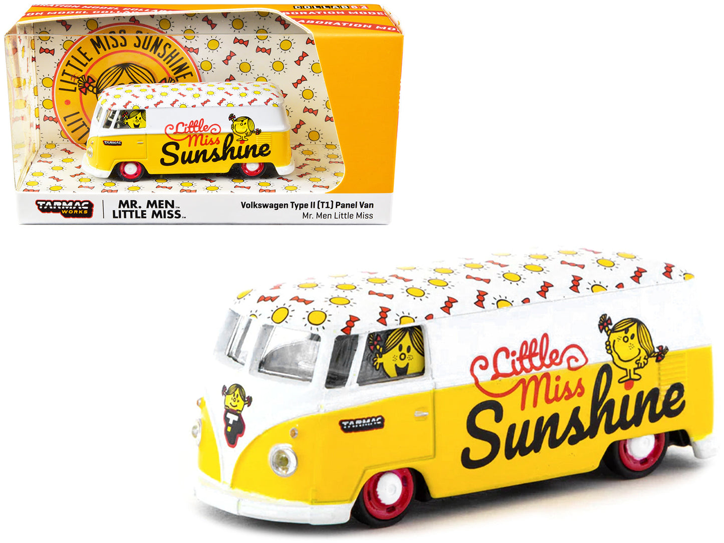 Volkswagen Type II (T1) Panel Van "Little Miss Sunshine" Yellow and White "Mr. Men & Little Miss" "Collab64" Series 1/64 Diecast Model Car by Schuco & Tarmac Works  free shipping USA