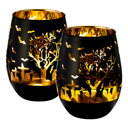 Crystal Halloween Stemless Wine Glass - Set of 2 - Themed Vibrant Black & Gold Etched Spooky Graveyard Pattern Frosted Glass, Perfect for Themed Gothic Parties Trick Or Treat Gift For Him Her (16 OZ) by The Wine Savant