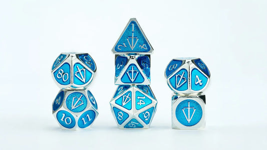 Tales of the Valiant Metal Dice Set: Silver w/ Light Blue Enamel