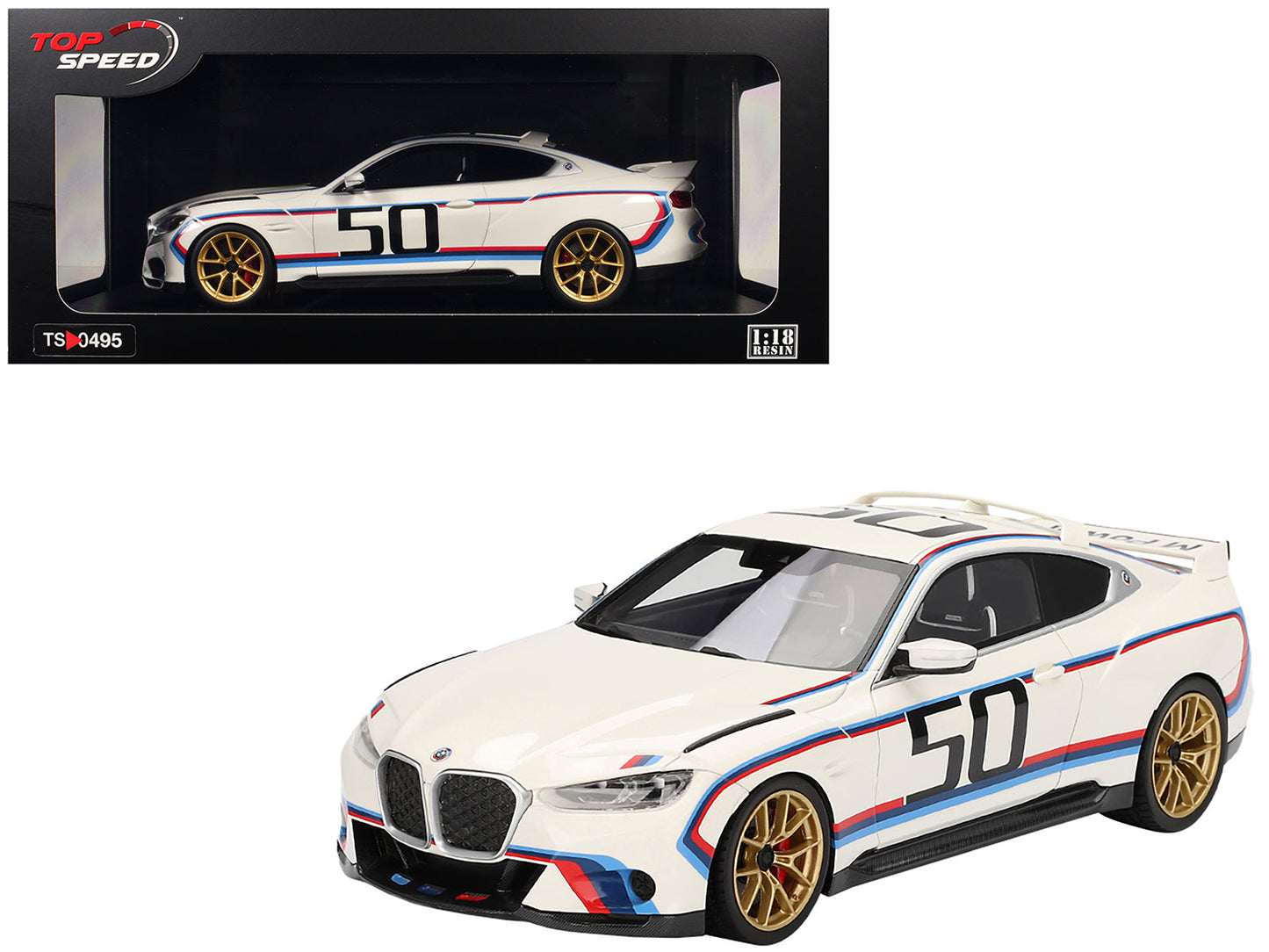 BMW M4 3.0 CSL #50 White with Blue and Red Stripes 1/18 Model Car by Top Speed  free shipping USA