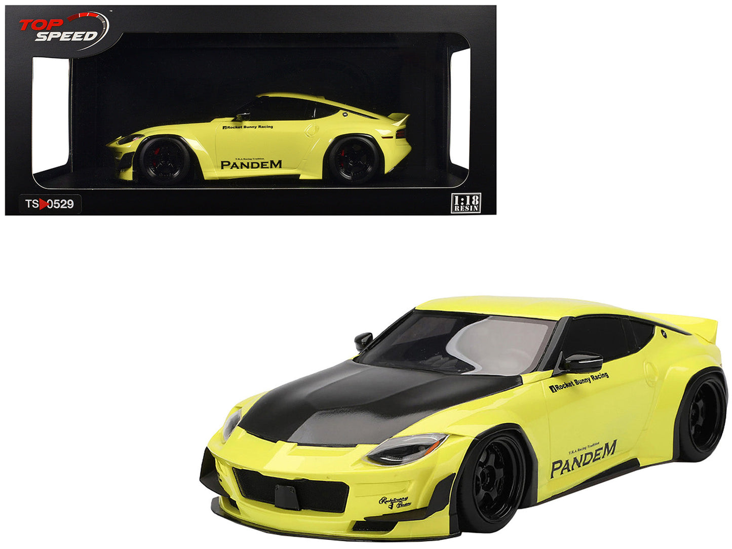 Nissan Z (RZ34) "Pandem" Ikazuchi Yellow with Matt Black Hood 1/18 Model Car by Top Speed  free shipping USA