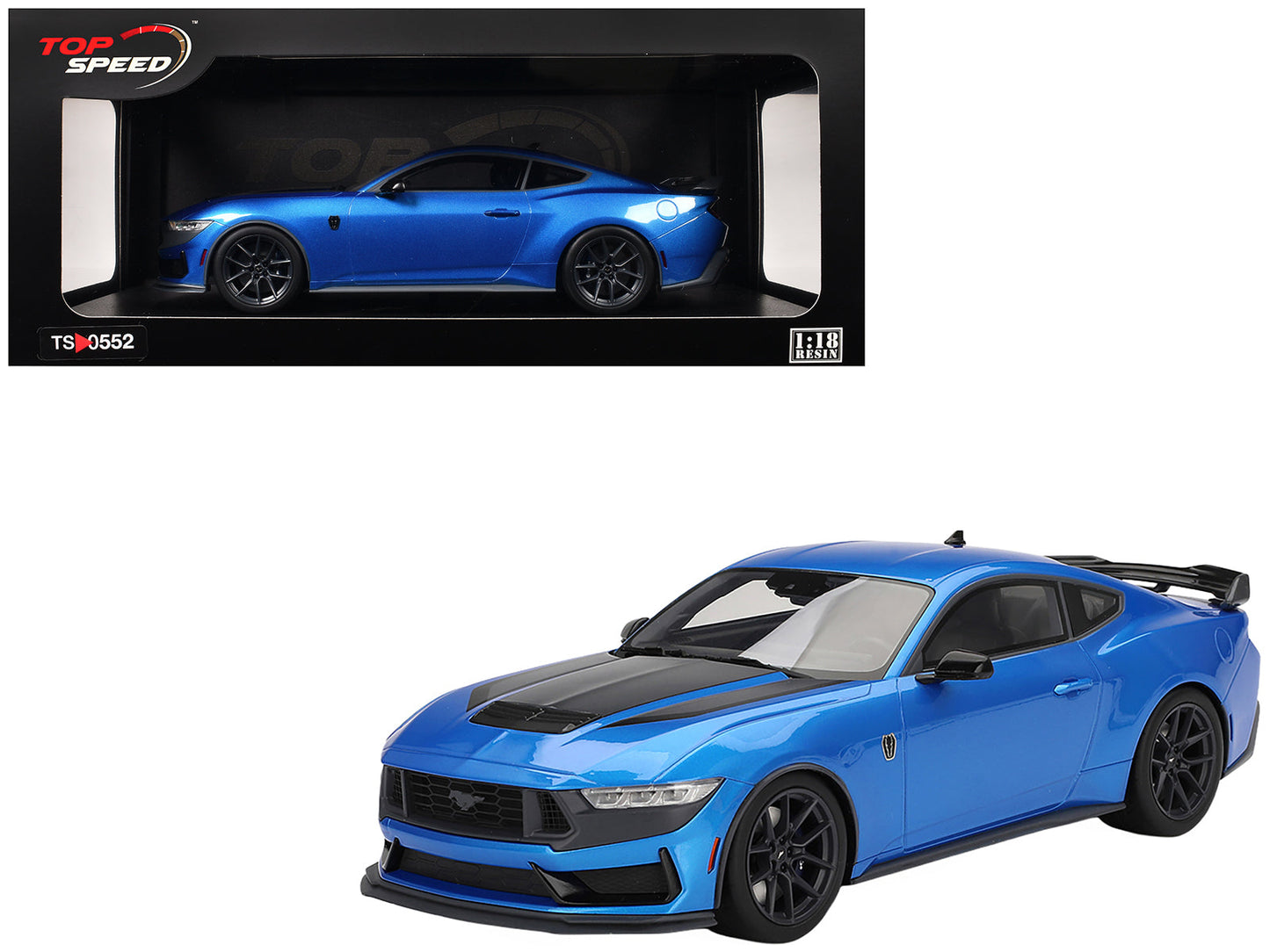 2024 Ford Mustang Dark Horse Grabber Blue Metallic with Black Hood Stripes 1/18 Model Car by Top Speed  free shipping USA