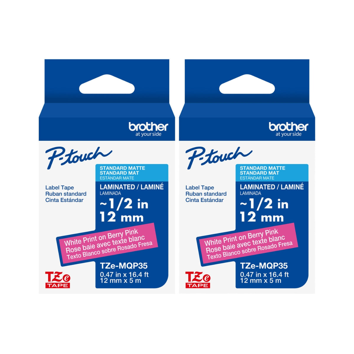 New, Pre-owned, Original Brother TZe-MQP35M Labelling Tape Cassette, White on Berry Pink, 12mm (W) x 5M (L)-2-Pack