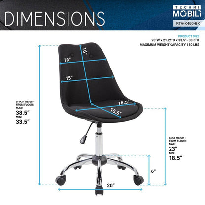 Techni Mobili Armless Task Chair with Buttons, Black by Level Up Desks