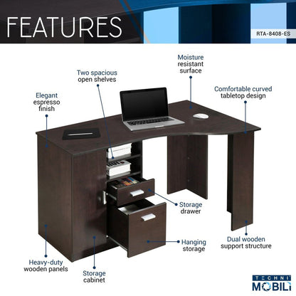 Techni Mobili Classic Office Desk with Storage, Espresso by Level Up Desks