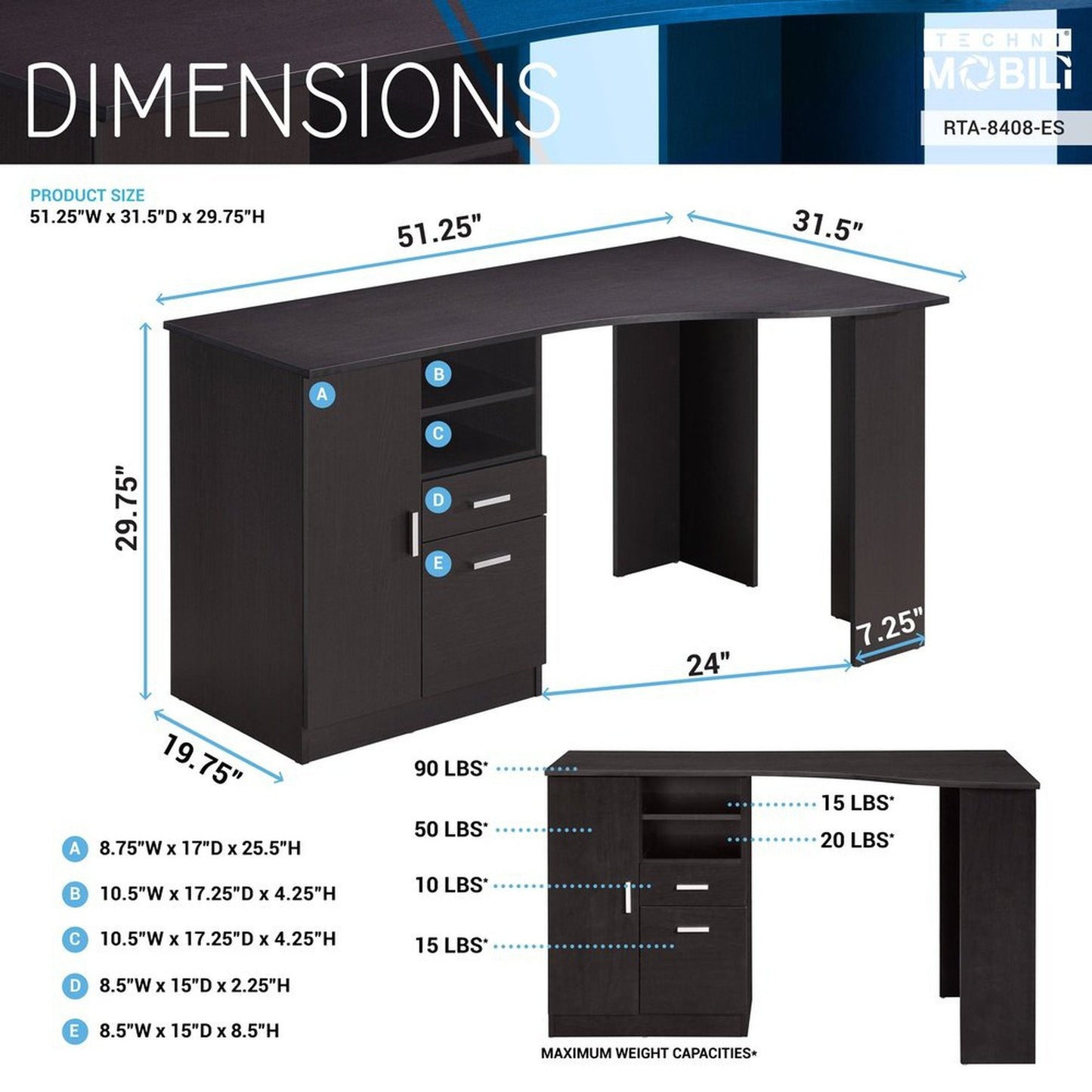 Techni Mobili Classic Office Desk with Storage, Espresso by Level Up Desks