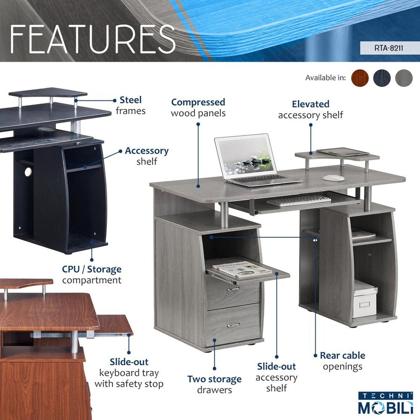 Techni Mobili Complete Computer Workstation Desk With Storage, Espresso by Level Up Desks