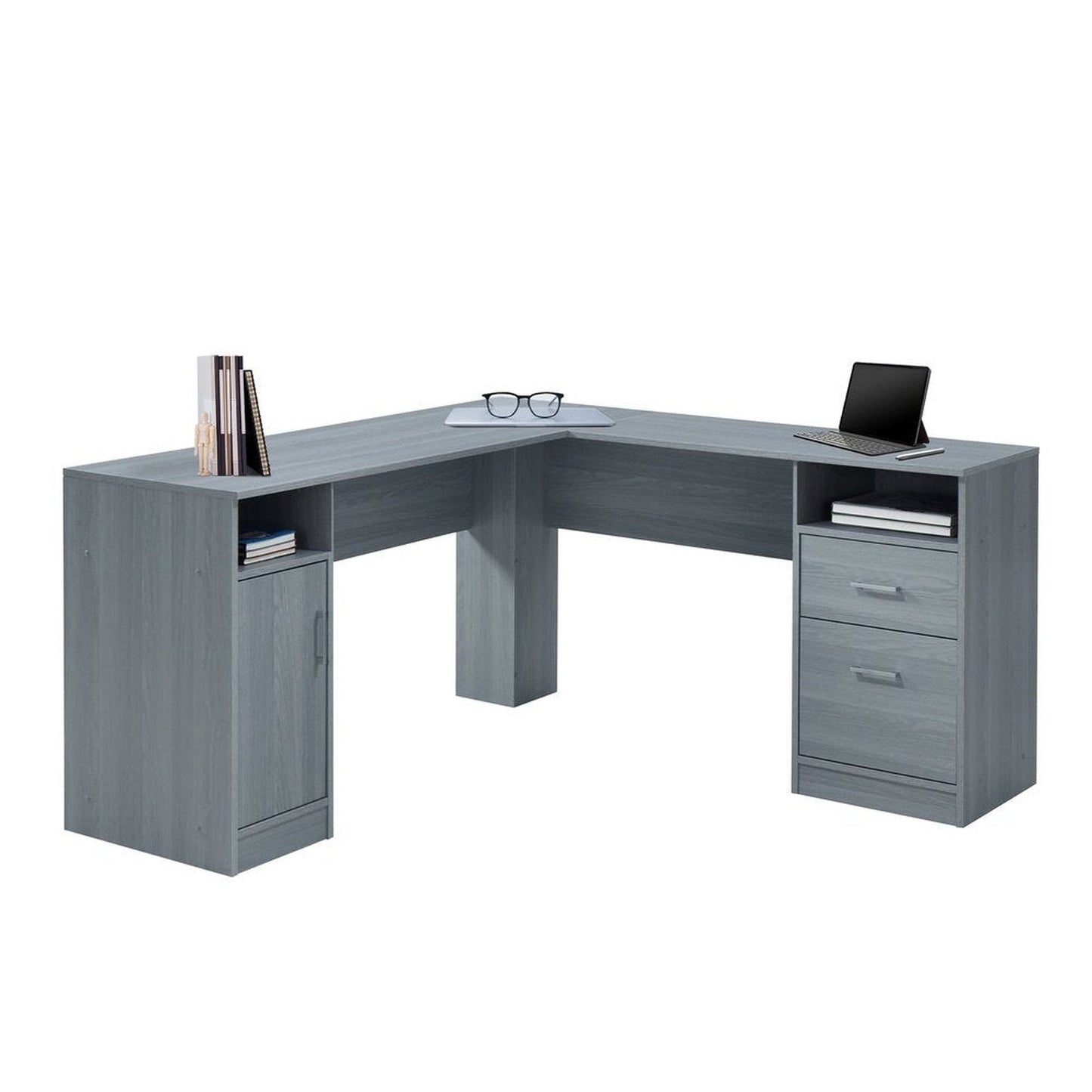 Techni Mobili Functional L-Shape Desk with Storage, Grey by Level Up Desks