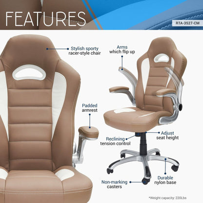 Techni Mobili High Back Executive Sport Race Office Chair with Flip-Up Arms, Camel by Level Up Desks