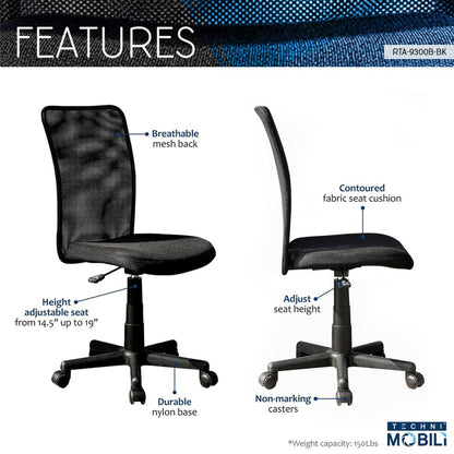 Techni Mobili Mesh Task Office Chair, Black by Level Up Desks
